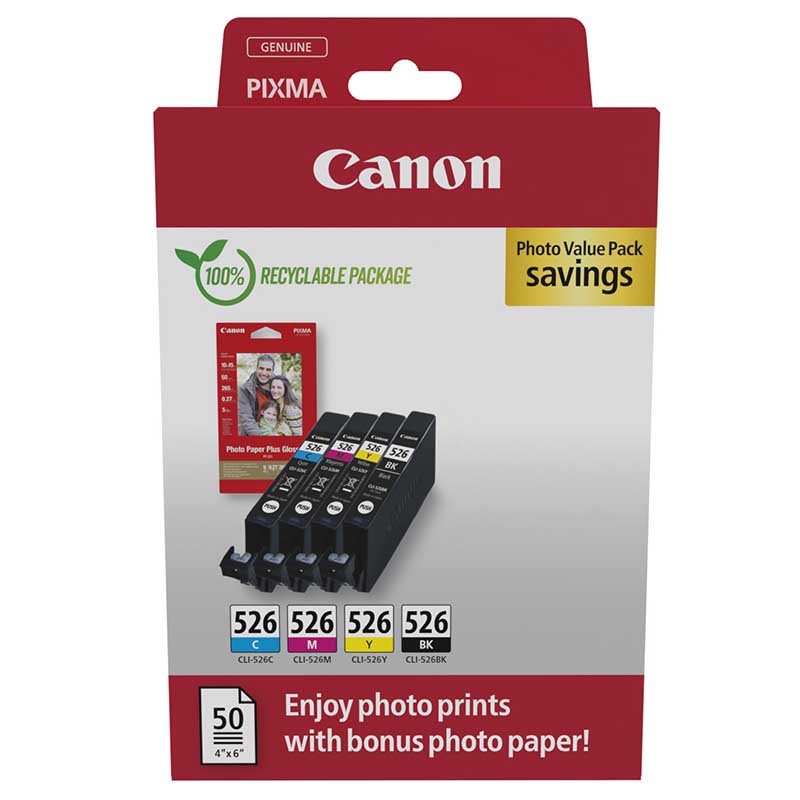 Canon CLI-526BKCMY Original Multipack Ink Cartridges & Photo Paper (4540B019)